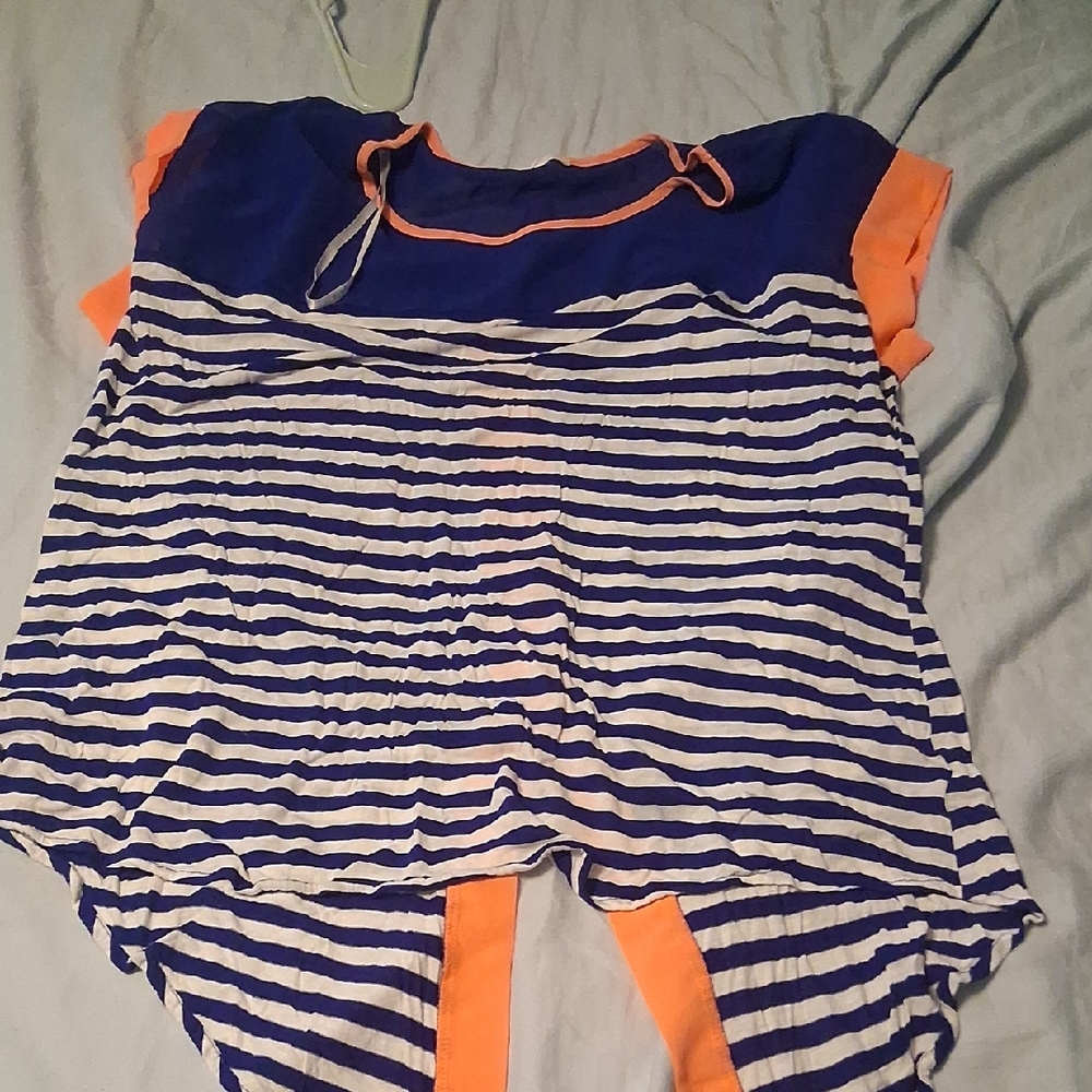 Striped Blue and White Top with Orange Accents